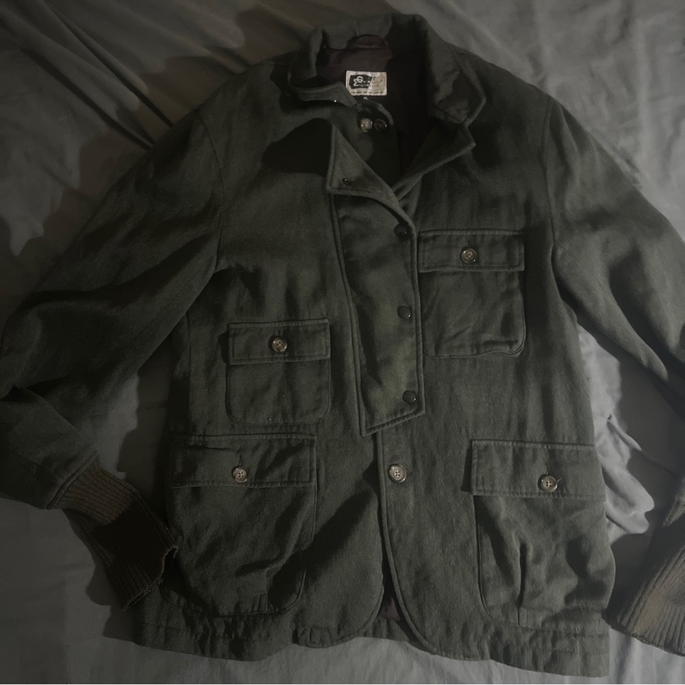 Engineered Garments Olive XL Wool Jacket Cotton Lined Leather Elbow Patches